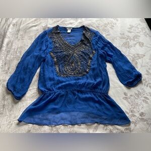 Cache Y2K Blue Beaded Drop Waist Tunic Top Large Gauzy Boho Office Fairycore